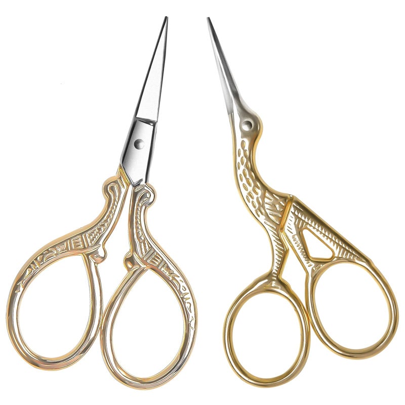 AQUEENLY Embroidery Scissors, Stainless Steel Sharp Stork Scissors for Sewing Crafting, Art Work, Threading, Needlework - DIY Tools Dressmaker Small Shears - 2 Pcs (3.6 Inches, Gold) - Image 1